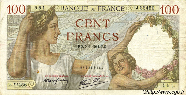 100 Francs SULLY FRANCE  1941 F.26.53 TB