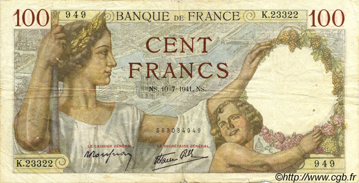 100 Francs SULLY FRANCE  1941 F.26.55 TB+