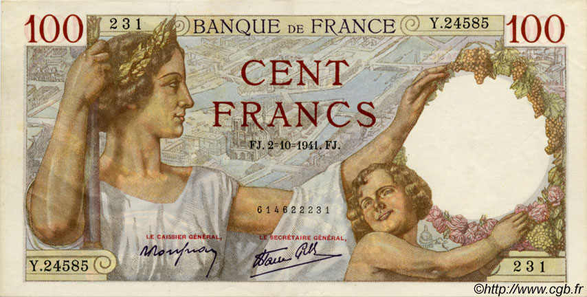 100 Francs SULLY FRANCE  1941 F.26.58 SUP+