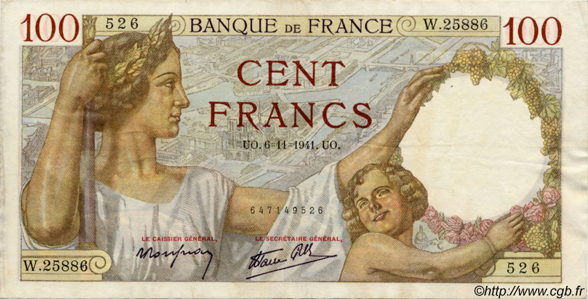 100 Francs SULLY FRANCE  1941 F.26.60 TTB+