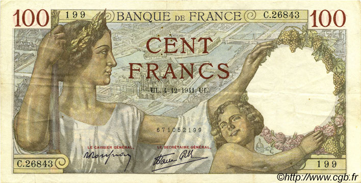 100 Francs SULLY FRANCE  1941 F.26.62 TTB+
