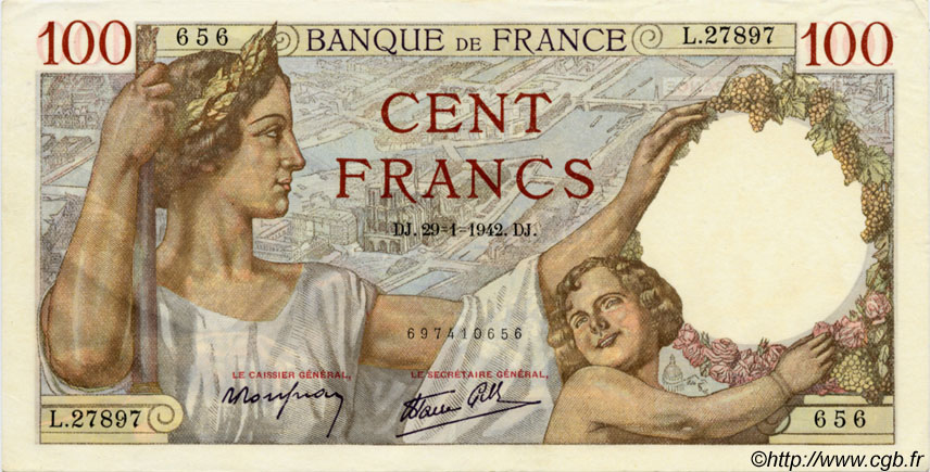 100 Francs SULLY FRANCE  1942 F.26.65 SUP+