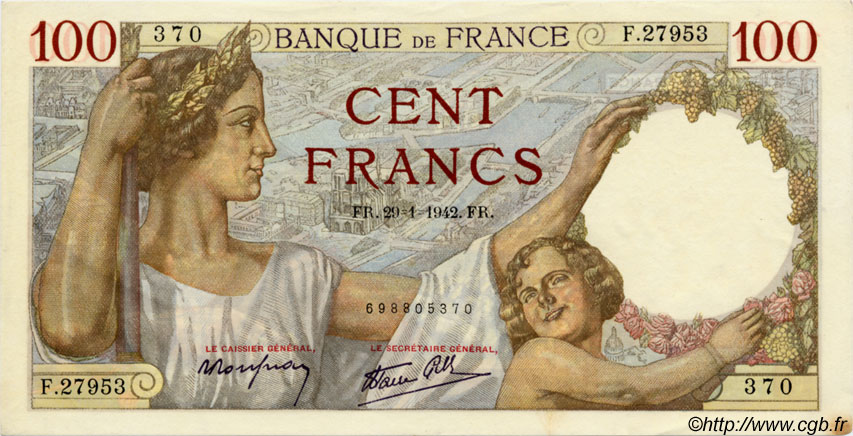 100 Francs SULLY FRANCE  1942 F.26.65 SPL