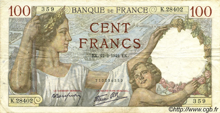 100 Francs SULLY FRANCE  1942 F.26.66 TB