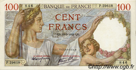 100 Francs SULLY FRANCE  1942 F.26.68 SUP