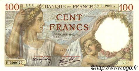 100 Francs SULLY FRANKREICH  1942 F.26.69 fST+