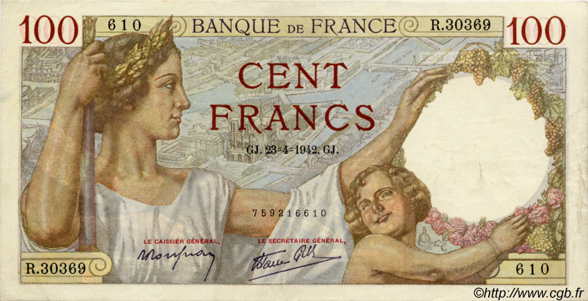 100 Francs SULLY FRANCE  1942 F.26.70 SUP