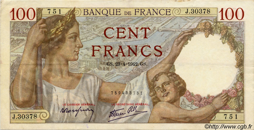 100 Francs SULLY FRANCE  1942 F.26.70 TTB