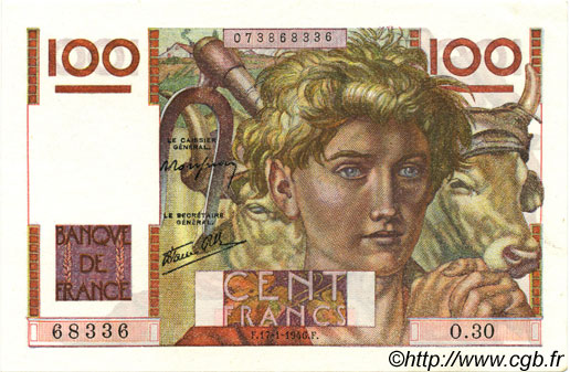 100 Francs JEUNE PAYSAN FRANCE  1946 F.28.02 SPL