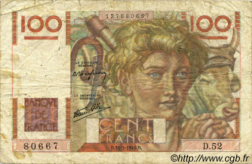 100 Francs JEUNE PAYSAN FRANCE  1946 F.28.05 B