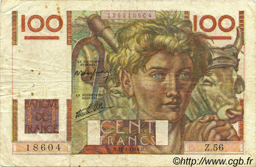 100 Francs JEUNE PAYSAN FRANCE  1946 F.28.05 B+