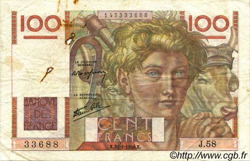 100 Francs JEUNE PAYSAN FRANCE  1946 F.28.05 pr.TB