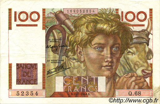 100 Francs JEUNE PAYSAN FRANCE  1946 F.28.06 TTB à SUP