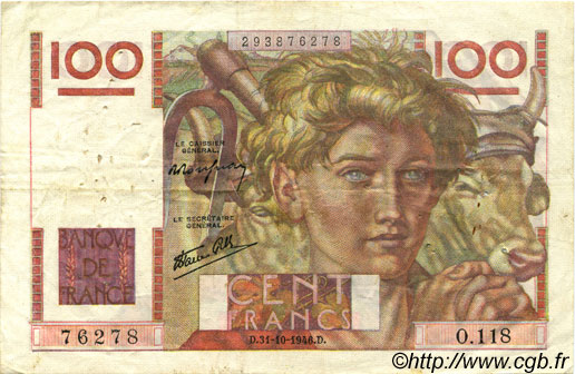 100 Francs JEUNE PAYSAN FRANCE  1946 F.28.10 pr.TTB