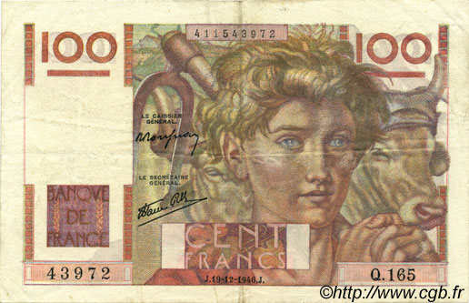 100 Francs JEUNE PAYSAN FRANCE  1946 F.28.12 TTB