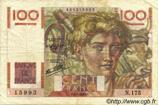 100 Francs JEUNE PAYSAN FRANCE  1947 F.28.13 TB+