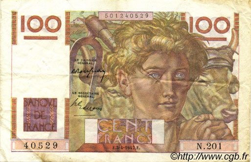100 Francs JEUNE PAYSAN FRANCE  1947 F.28.14 TTB+