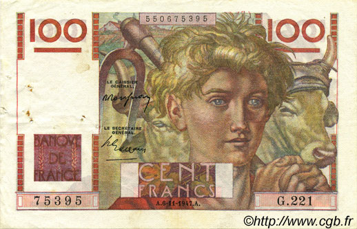 100 Francs JEUNE PAYSAN FRANCE  1947 F.28.16 TTB+