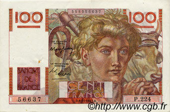 100 Francs JEUNE PAYSAN FRANCE  1947 F.28.16 XF-