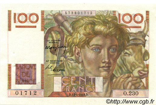 100 Francs JEUNE PAYSAN FRANCIA  1948 F.28.17 q.AU