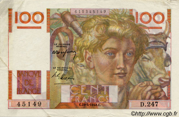 100 Francs JEUNE PAYSAN FRANKREICH  1948 F.28.18 fVZ