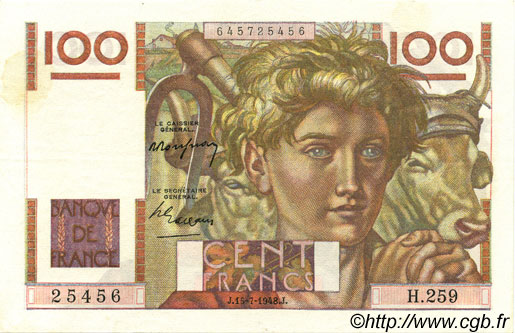 100 Francs JEUNE PAYSAN FRANCE  1948 F.28.19 SPL