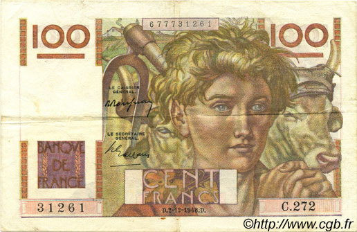 100 Francs JEUNE PAYSAN FRANCE  1948 F.28.20 TTB+