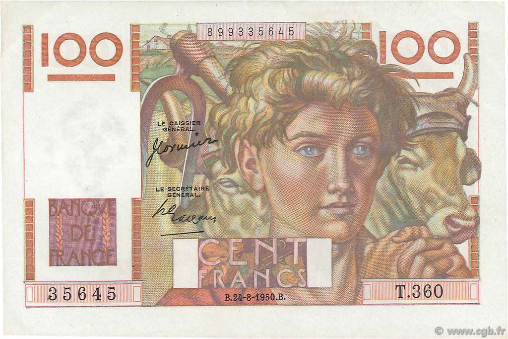 100 Francs JEUNE PAYSAN FRANCE  1950 F.28.26 SUP+