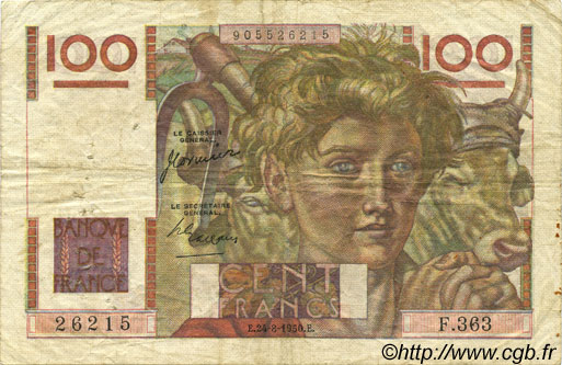 100 Francs JEUNE PAYSAN FRANCE  1950 F.28.26 TB