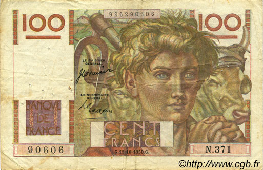 100 Francs JEUNE PAYSAN FRANCE  1950 F.28.27 TB