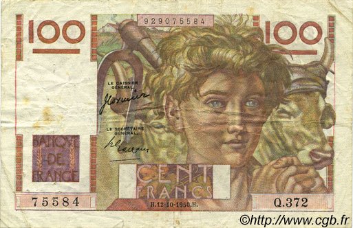 100 Francs JEUNE PAYSAN FRANCE  1950 F.28.27 TB+