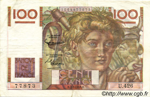 100 Francs JEUNE PAYSAN FRANCE  1952 F.28.31 TTB