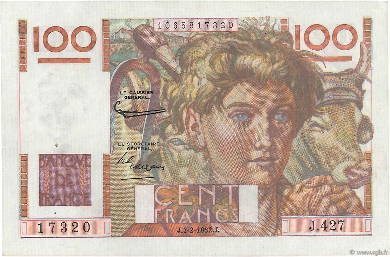100 Francs JEUNE PAYSAN FRANCE  1952 F.28.31 SUP+