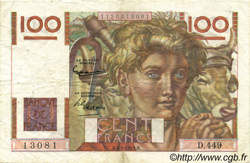 100 Francs JEUNE PAYSAN FRANCE  1952 F.28.32 TTB