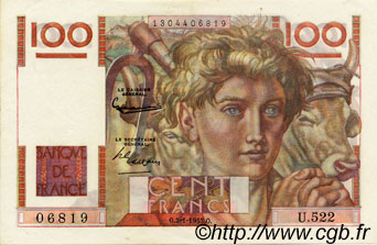 100 Francs JEUNE PAYSAN FRANCE  1953 F.28.35 SPL
