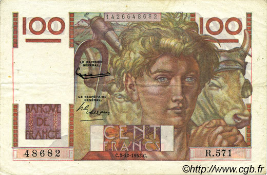 100 Francs JEUNE PAYSAN FRANCE  1953 F.28.40 TTB+
