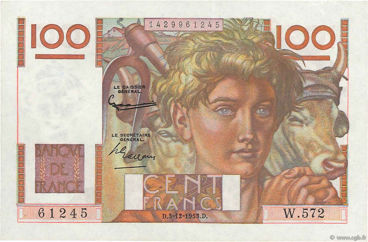 100 Francs JEUNE PAYSAN FRANCE  1953 F.28.40 SPL+