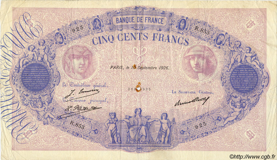 500 Francs BLEU ET ROSE FRANCE  1926 F.30.29 TTB