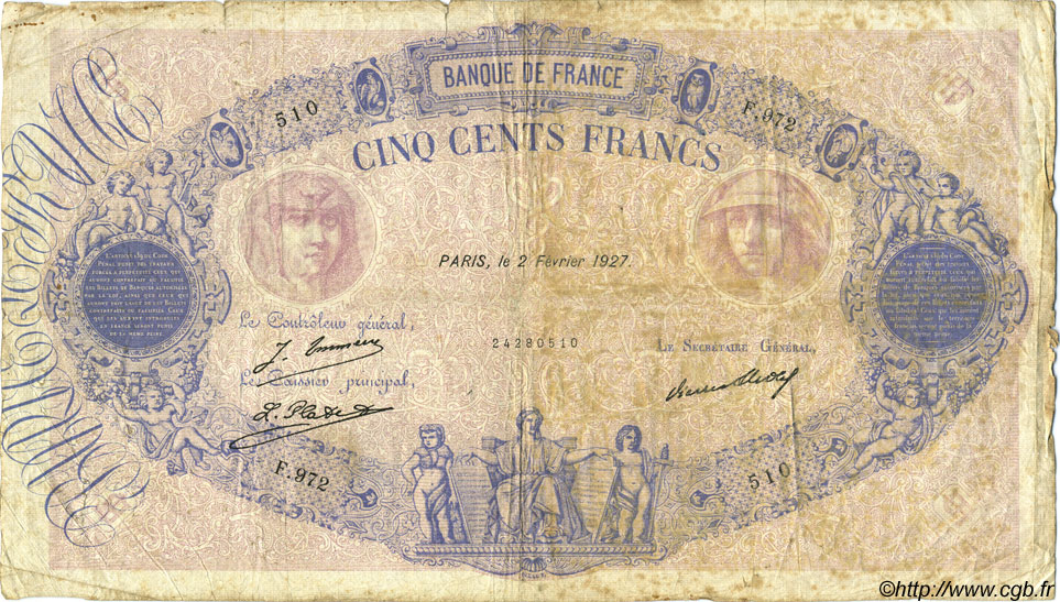 500 Francs BLEU ET ROSE FRANCE  1927 F.30.30 B