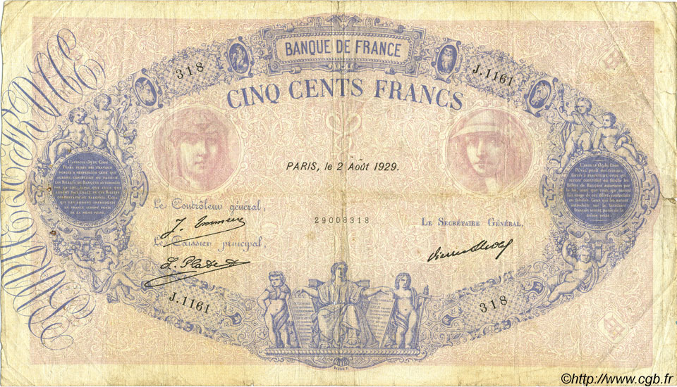 500 Francs BLEU ET ROSE FRANCE  1929 F.30.32 pr.TB