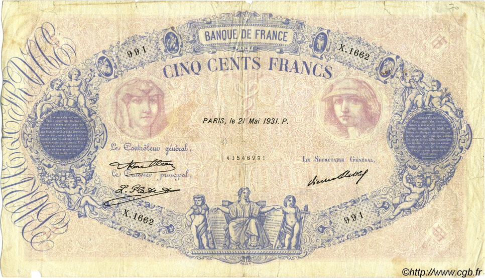 500 Francs BLEU ET ROSE FRANCE  1931 F.30.34 B+