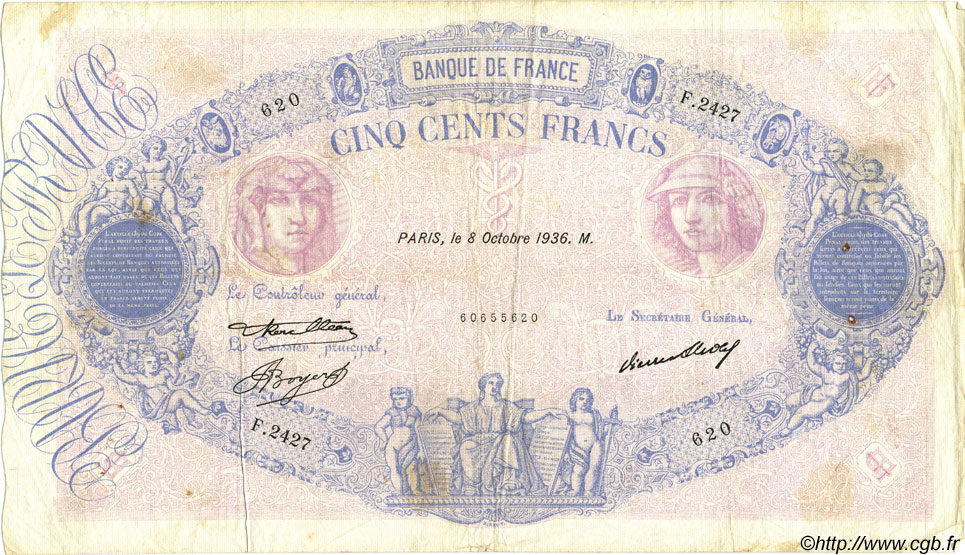500 Francs BLEU ET ROSE FRANCE  1936 F.30.37 TB