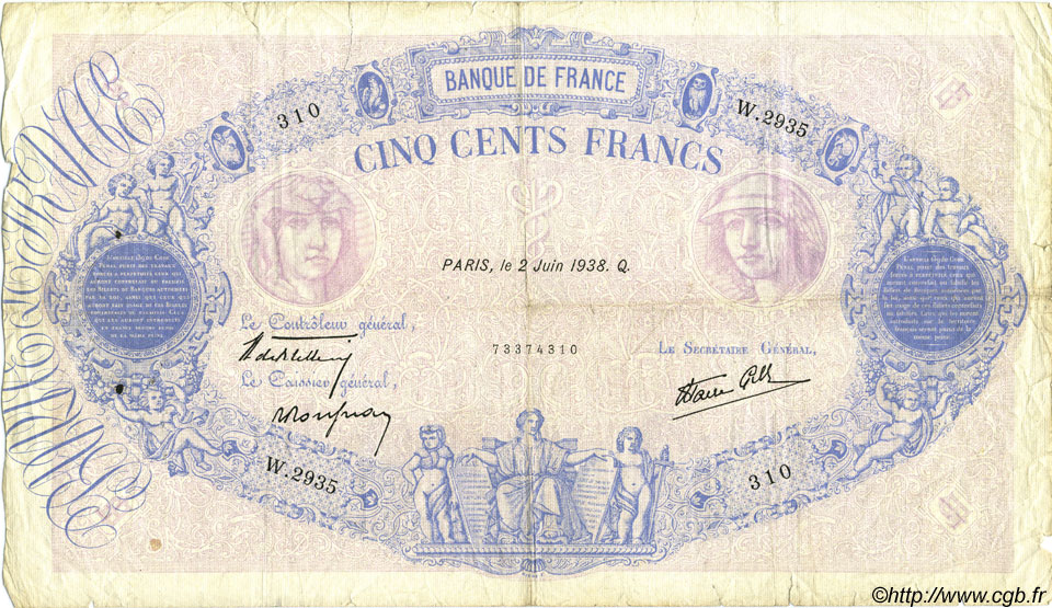 500 Francs BLEU ET ROSE modifié FRANCE  1938 F.31.13 TB