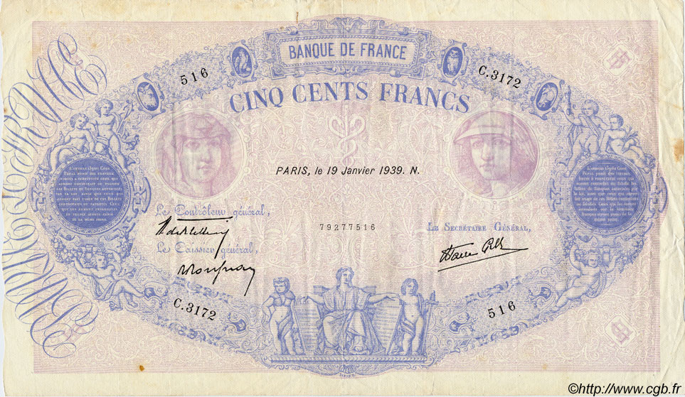 500 Francs BLEU ET ROSE modifié FRANCE  1939 F.31.23 TTB
