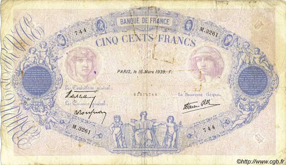 500 Francs BLEU ET ROSE modifié FRANCE  1939 F.31.27 B+