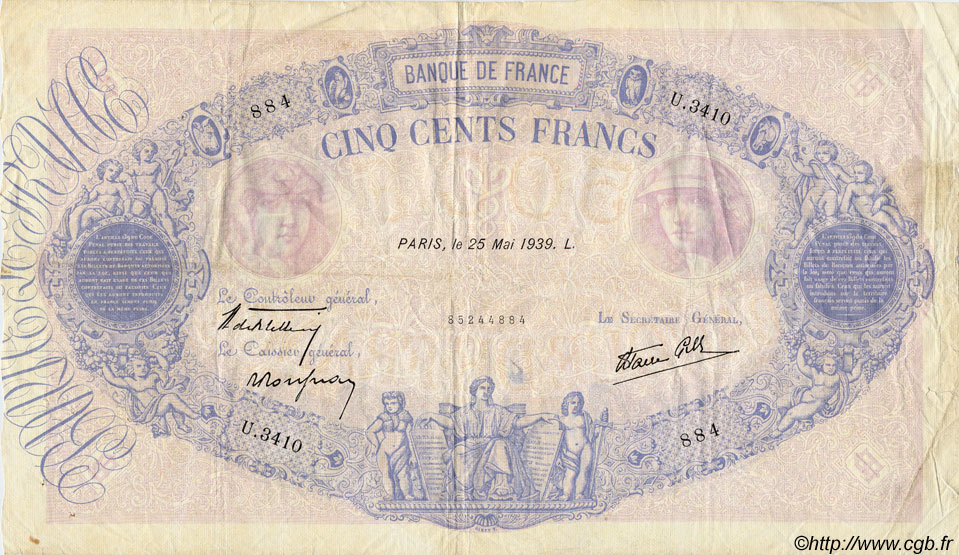 500 Francs BLEU ET ROSE modifié FRANCE  1939 F.31.33 pr.TTB