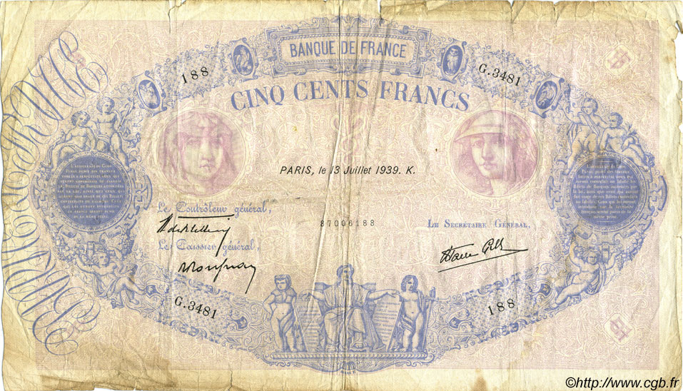 500 Francs BLEU ET ROSE modifié FRANCE  1939 F.31.36 B