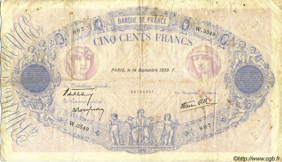 500 Francs BLEU ET ROSE modifié FRANCE  1939 F.31.39 TB+