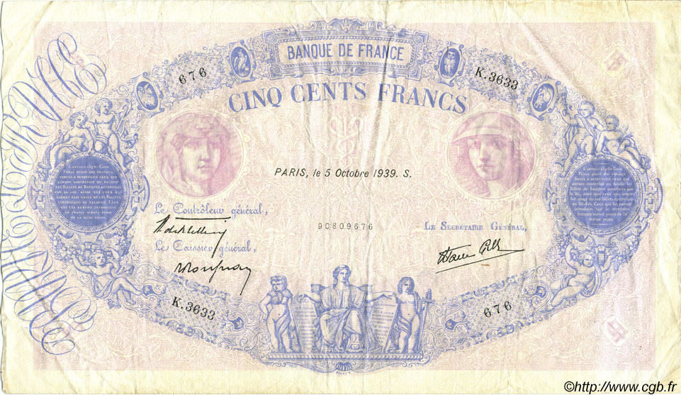 500 Francs BLEU ET ROSE modifié FRANCE  1939 F.31.42 TTB