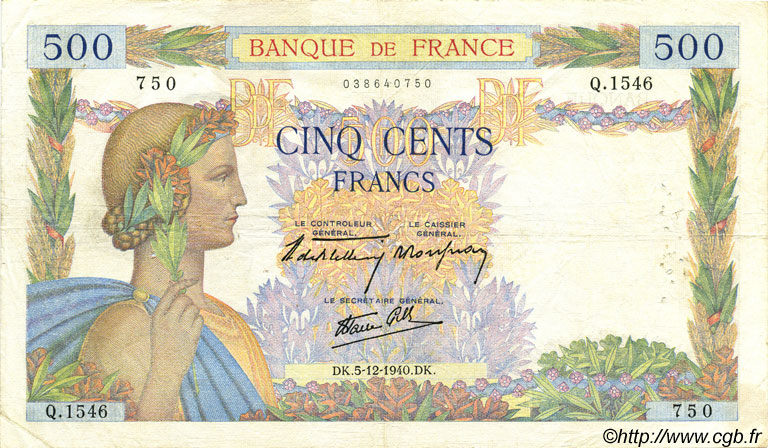 500 Francs LA PAIX FRANCE  1940 F.32.10 TB+